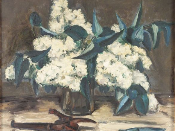 E. MAHE "Bouquet de lilas". Huile sur toile, signée à droite. 38 x 46 