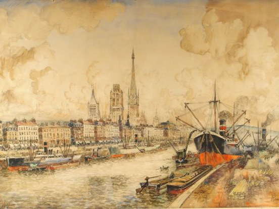 Frank WILL. "Le port de Rouen et la cathédrale". Aquarelle, signée en 
