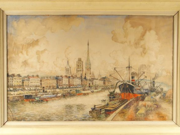 Frank WILL. "Le port de Rouen et la cathédrale". Aquarelle, signée en 