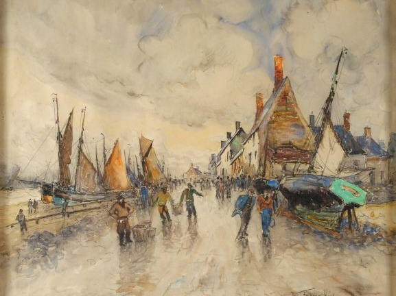 Frank WILL. "Les quais animés". Aquarelle, signée en bas à droite. 40 