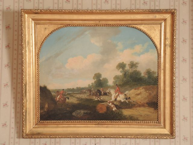 Ecole française XIXème « Scènes de chasse à courre »	 Paire d’huiles s