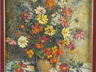 Vente aux enchères Jac. LAUBE « Bouquet de fleurs ». Huile sur toile 72 x 60 cm Signée en
