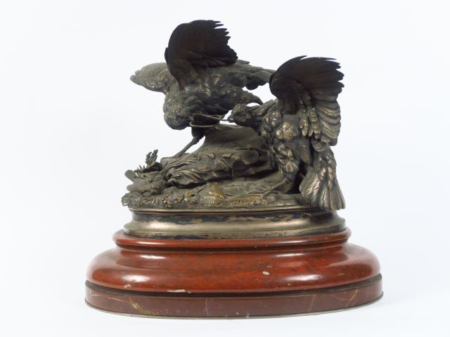 ARSON "Les deux perdrix". Groupe en bronze à patine médaille sur un so