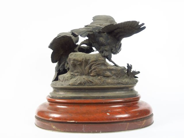 ARSON "Les deux perdrix". Groupe en bronze à patine médaille sur un so