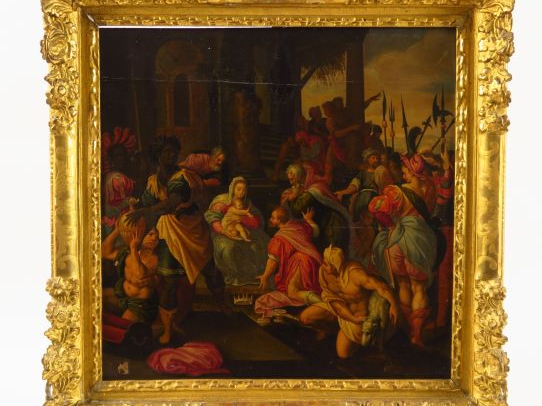Ecole XVIIème "L'adoration des mages" Huile sur panneau 57 x 57 cm (ac