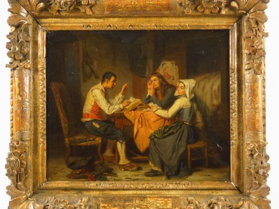 Ecole française XIXème "La leçon" Huile sur toile  38 x 46 cm dans un 