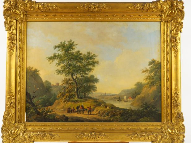 Ecole XIXème "Grand paysage animé" Huile sur toile signée en bas à gau