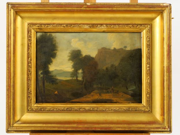 Ecole XIXème "Paysage animé" Huile sur zinc Dim. 20 X 29,5 cm