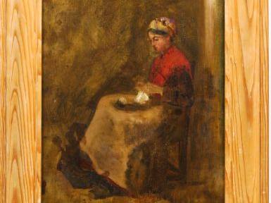 Ecole francaise XIXème 'Jeune fermière à son ouvrage'.  Huile sur pann