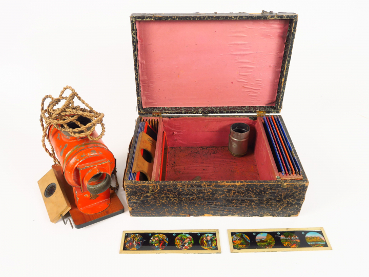 GBN. Lanterne magique avec plaque en coffret d'origine, fatiguée, calé