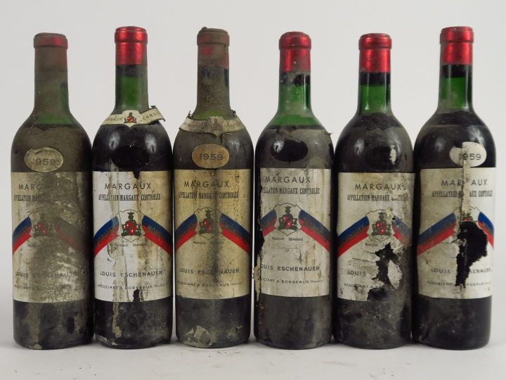 6 BOUTEILLES MARGAUX L. ESCHENAUER - 1959 - 3 BG/3 MEP/3 PRESUMEES/BS/