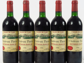 Vente aux enchères 6 BOUTEILLES CHÂTEAU PAVIE 1er GCC ST EMILION - 1990 - 3 BG/2 LB