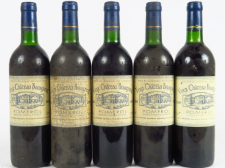Vente aux enchères 5 BOUTEILLES VIEUX CHÂTEAU BOURGNEUF POMEROL - 4 de 1998/1 de 1999/LB/