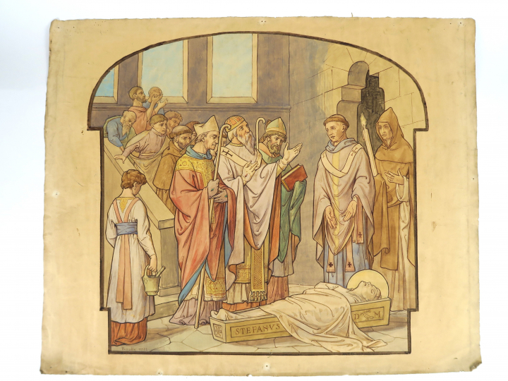 A. PERRODIN « Saints martyrs » Ensemble de 3 aquarelles.  Signées et d