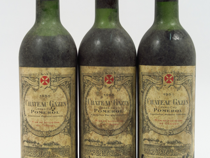 3 BOUTEILLES CHÂTEAU GAZIN POMEROL - 1955 - 1 LB-HEP/1 HEP/1 MEP/ES/CA