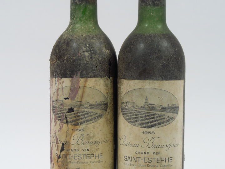 2 BOUTEILLES CHÂTEAU BEAUSEJOUR ST ESTEPHE - 1958 - HEP/BS/EA/CAPS COR