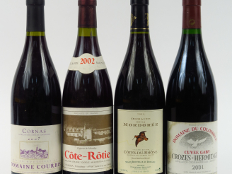 Vente aux enchères 4 BOUTEILLES : 1 CÔTE ROTIE C. SEMASKA 2002 - 1 CORNAS DOMAINE COURBIS