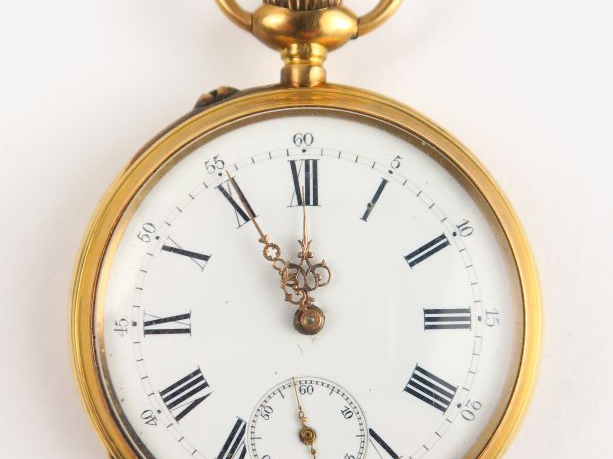 Montre de gousset en or, cadran des minutes. Monogrammée. Poids tel : 