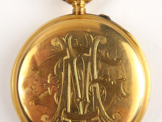 Montre de gousset en or, cadran des minutes. Monogrammée. Poids tel : 