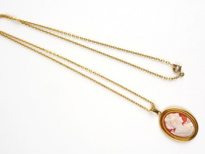 Chaine en or retenant un camée en pendentif, monture en or. Poids tel 