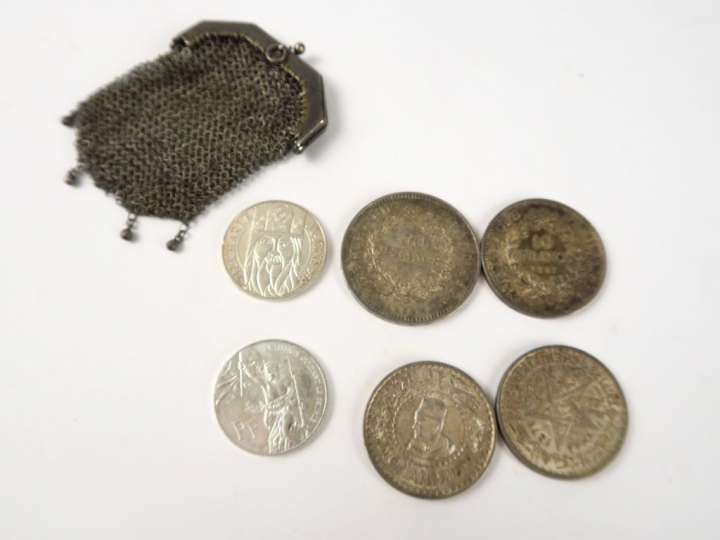 6 pièces en argent, bourse en argent