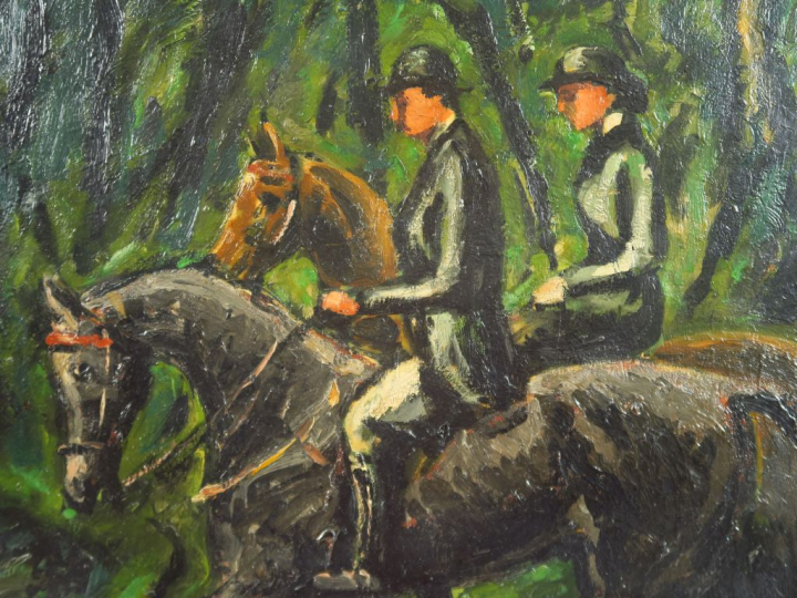 CHAURAND-NAURAC "Balade à cheval à Payzac" Huile sur carton. Signée en