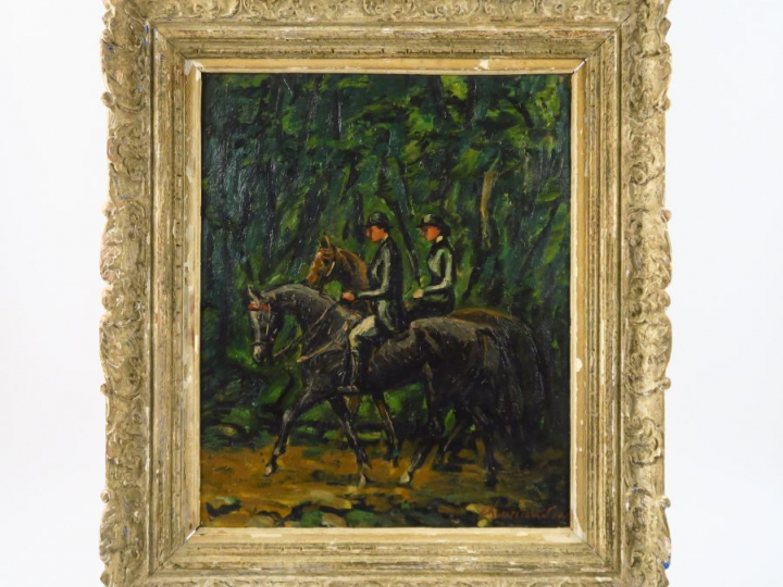 CHAURAND-NAURAC "Balade à cheval à Payzac" Huile sur carton. Signée en