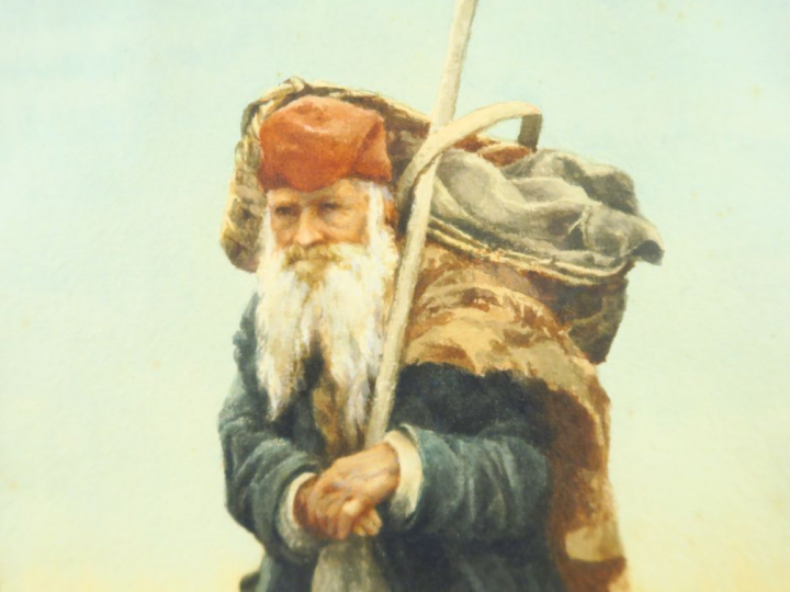 H. ALCHIMEWICZ "Vieil homme au baluchon" Aquarelle. Signée en bas à ga