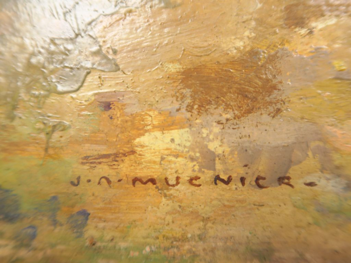 J.A MUENIER « Jeune fille au bouquet de fleurs »  Huile sur carton. Si