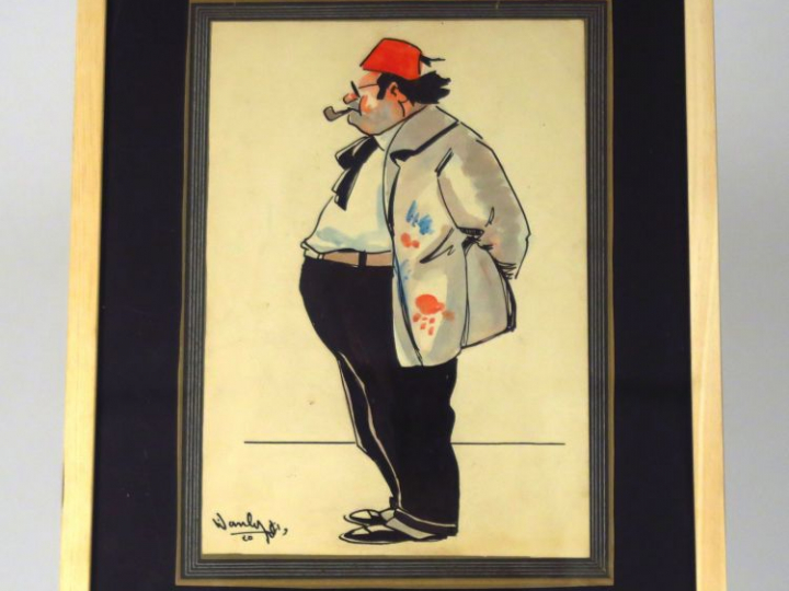WANLY "Portrait caricaturé de Seif" Encre et aquarelle. Signée en bas 