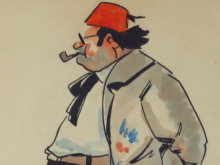 WANLY "Portrait caricaturé de Seif" Encre et aquarelle. Signée en bas 