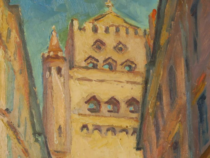 BERTOIN "Toulouse, l'église du Taur" Huile sur panneau. Signée en bas 