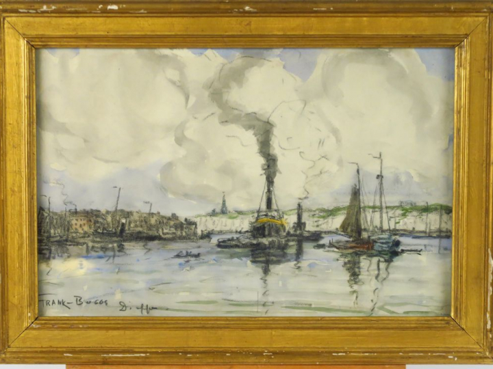Frank BOGGS « Le port de Dieppe » Aquarelle.  Signée et située en bas 
