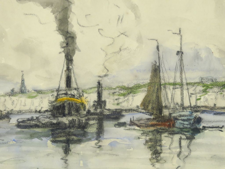 Frank BOGGS « Le port de Dieppe » Aquarelle.  Signée et située en bas 