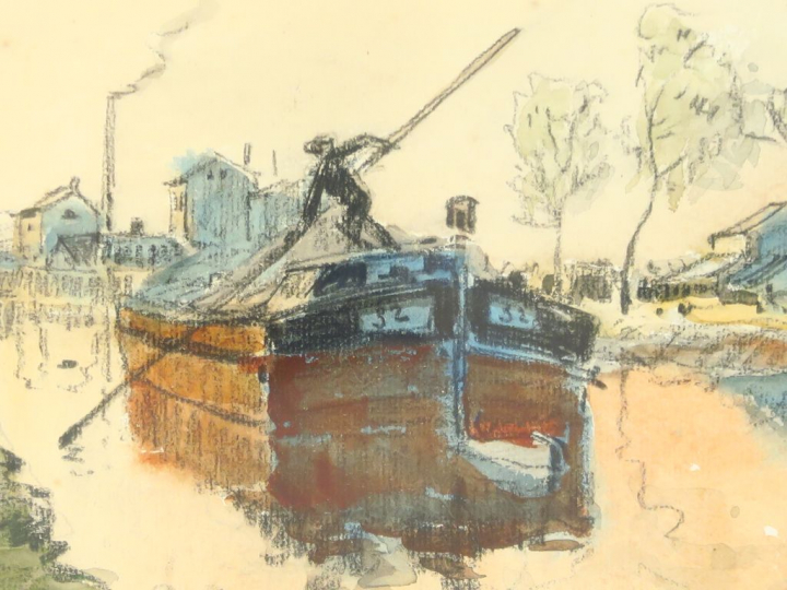 	Frank BOGGS « Les péniches à Pantin » Aquarelle.  Signée et située en