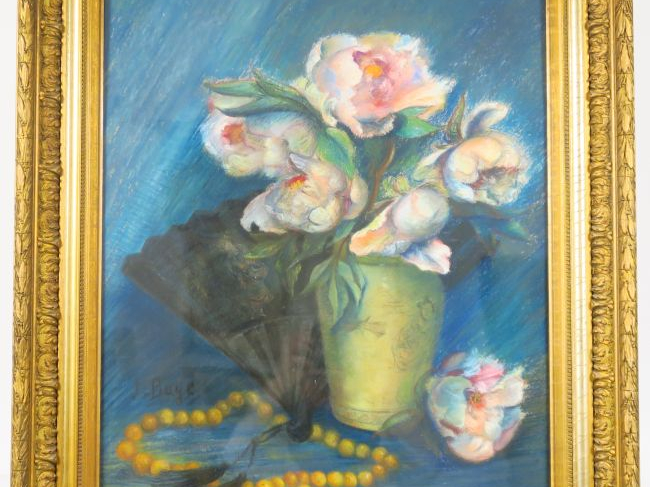 J. BOYE "Nature morte au bouqet de pivoines" Pastel. Signé en bas à ga