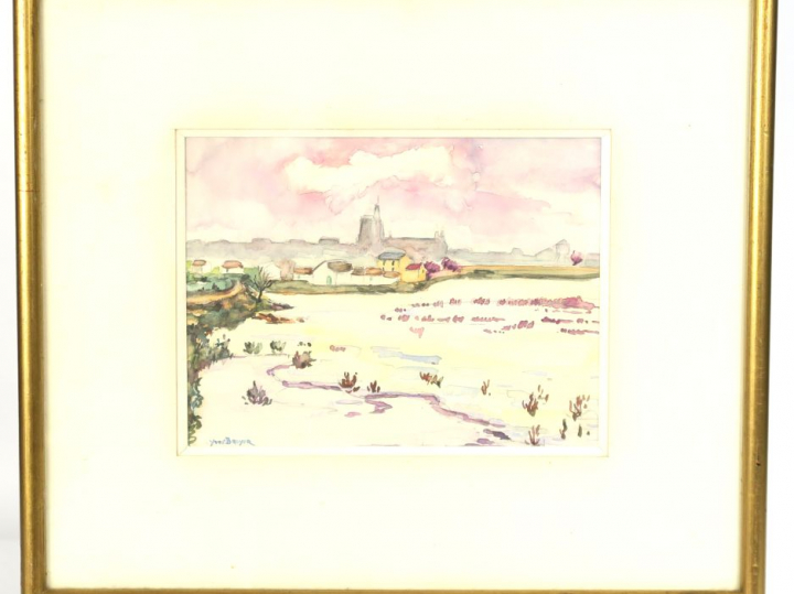 	Yves BRAYER « Etang aux Saintes Maries de la mer » Aquarelle.  Signée