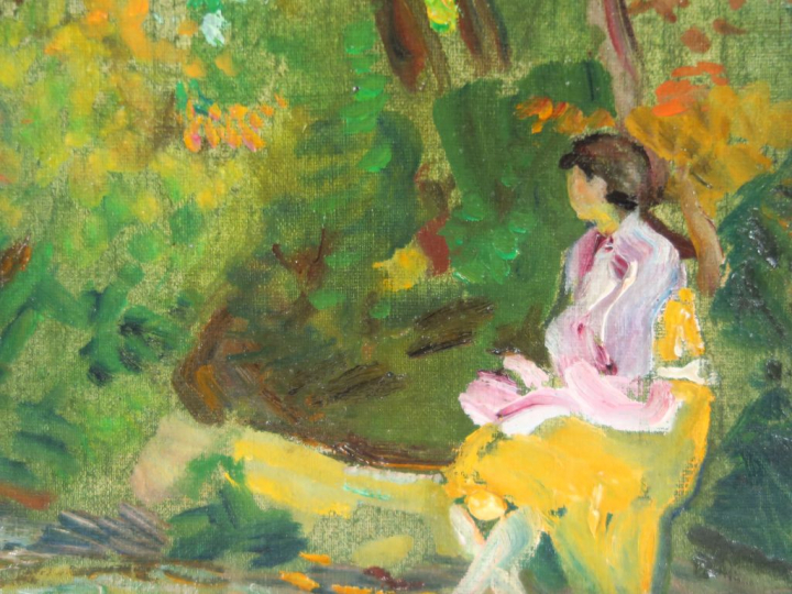 Mario CAVAGLIERI "Jeune fille dans un parc" Huile sur toile.  Non sign