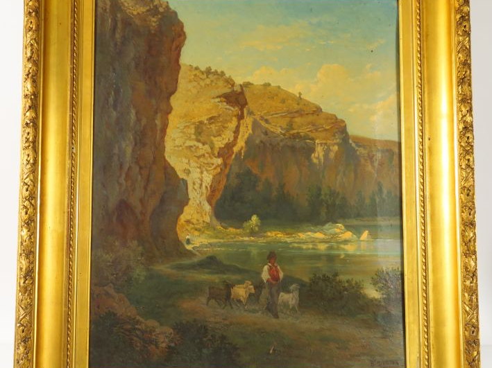 B. DUSTON "Paysage au berger" Huile sur toile. Signée en bas à droite.