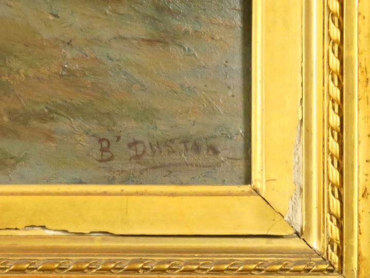 B. DUSTON "Paysage au berger" Huile sur toile. Signée en bas à droite.