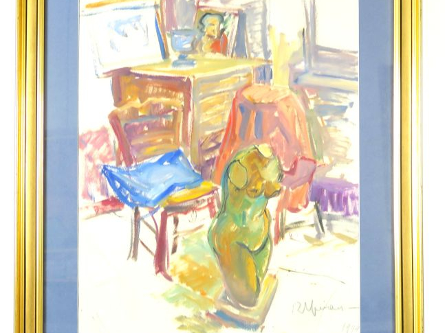 Raymond ESPINASSE « L’atelier » Huile sur papier.  Signée en bas à dro