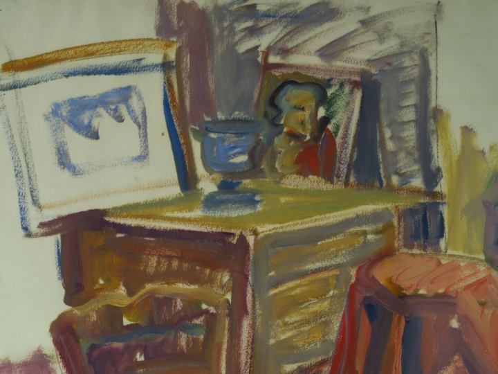 Raymond ESPINASSE « L’atelier » Huile sur papier.  Signée en bas à dro