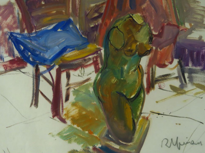 Raymond ESPINASSE « L’atelier » Huile sur papier.  Signée en bas à dro