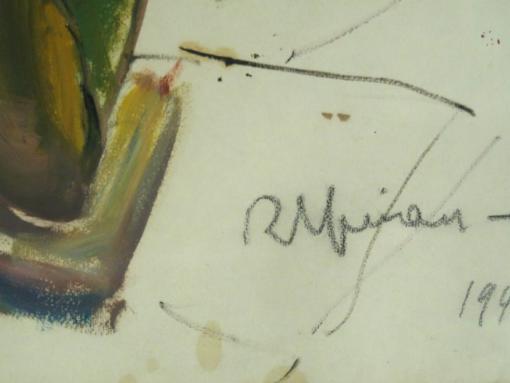 Raymond ESPINASSE « L’atelier » Huile sur papier.  Signée en bas à dro