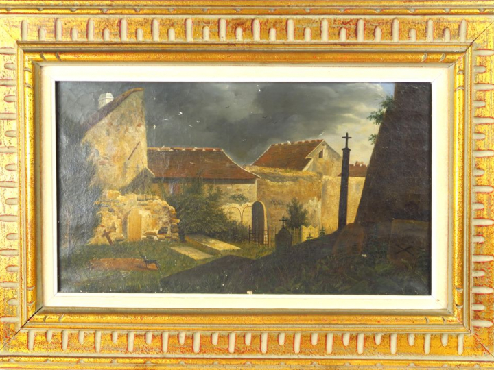Ecole française XIXème "Le chien fidèle" Huile sur toile.  30,5 x 52,5