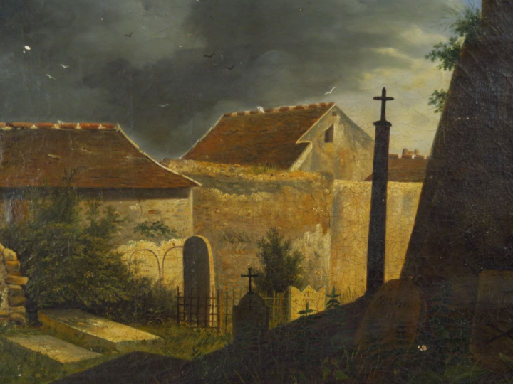 Ecole française XIXème "Le chien fidèle" Huile sur toile.  30,5 x 52,5