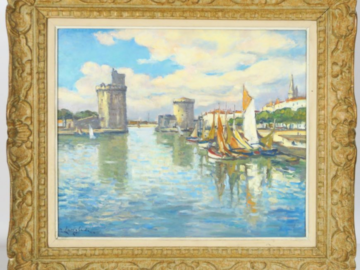 P. LANGLADE "Le port de la Rochelle" Huile sur toile. Signée en bas à 
