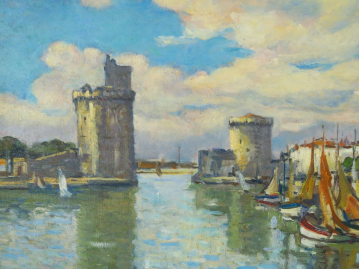 P. LANGLADE "Le port de la Rochelle" Huile sur toile. Signée en bas à 