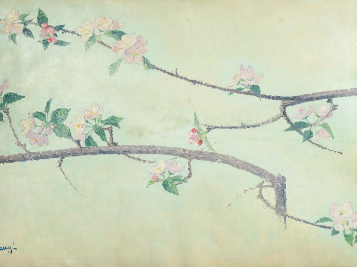 LAUGÉ Achille, 1861-1944	 "Branches de pommier en fleur" Huile sur toi