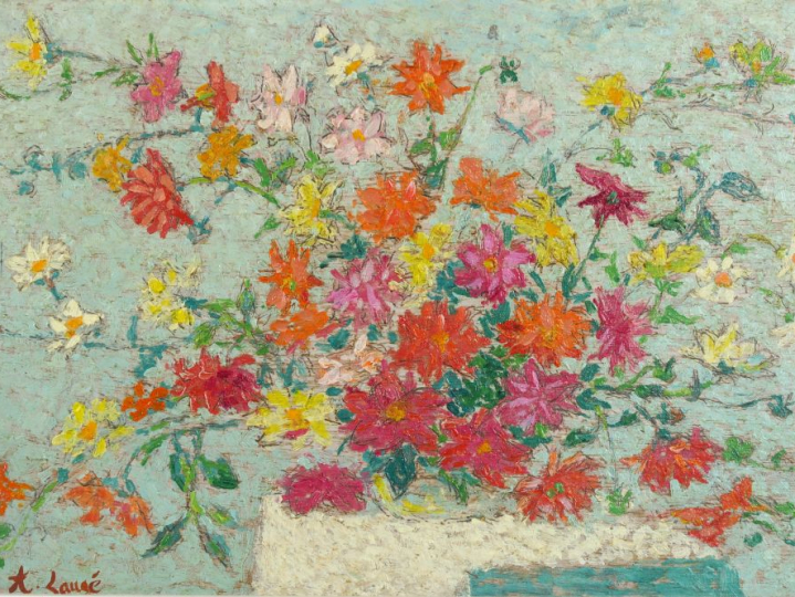 LAUGÉ Achille, 1861-1944	 "Étude de bouquet sur une nappe blanche" Hui
